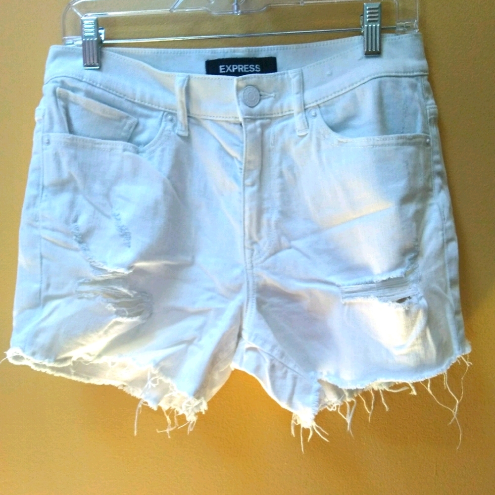 Express White Denim Destructed Shorts